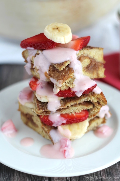 Stuffed French Toast Breakfast Casserole with Strawberries and Cream Topping Recipe {www.TwoHealthyKitchens.com}